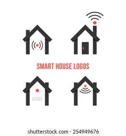 set of four black smart house logos. concept of eco house, automation, home technology, advanced, freelance. isolated on white background. flat style trendy modern branding design vector illustration