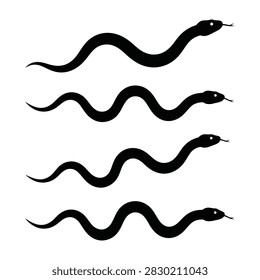 Set of four black snake silhouettes moving up isolated on white background, side view, scary reptiles