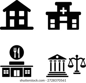 Un conjunto de cuatro iconos sólidos negros que representan varios edificios públicos y comerciales sobre un fondo blanco