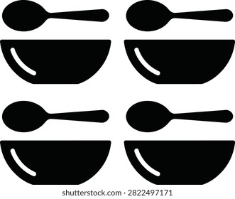 Set of four black spoons and bowls for kitchen use