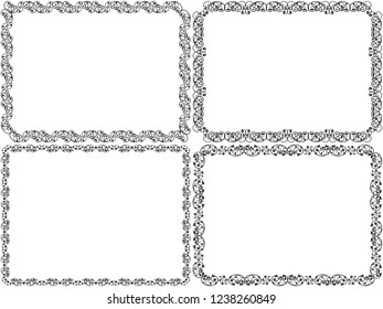 Set of four black stencil decorative flower frames with interlaced lines of Victorian style, isolated vector on the white background as a designer postcards