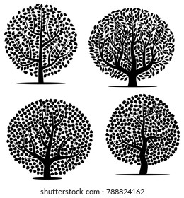 Set of four black trees with leaves on white background. Vector illustration