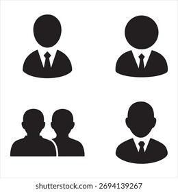 Eine Gruppe von vier schwarzen Benutzersymbolen auf weißem Hintergrund. Diese Symbole stellen Einzelpersonen und eine Gruppe dar, die für Webdesign- und Benutzerschnittstellen-Projekte geeignet sind.