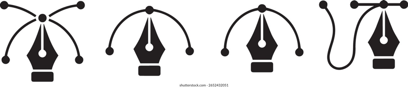 Um conjunto de quatro ícones de ferramenta de caneta de vetor preto, cada um ilustrando diferentes estágios de criação de caminho com pontos âncora e curvas de Bézier em um plano de fundo branco.