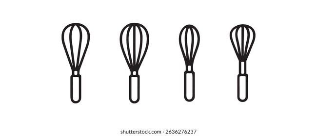 Set of four black whisk icons in line art style on white background.