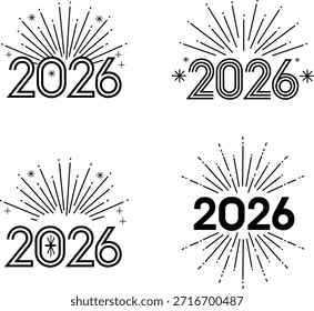 Un conjunto de cuatro logotipos e iconos de año nuevo 2026 en blanco y negro con fuegos artificiales y diseños de estallido estelar
