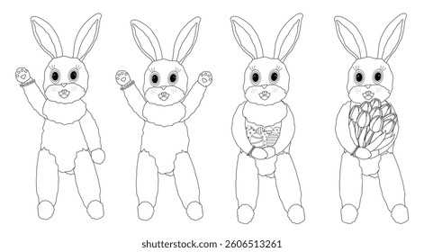 Set of four Black and White adorable anthropomorphic Easter bunny coloring page with cute poses and accessories. Ideal for kids and festive holiday activities.