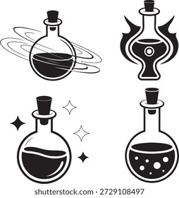Set von vier schwarz-weißen Alchemie-Tränk-Flaschen mit magischen Wirbel und Funken