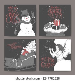 Set of four black and white banners with brush lettering greeting, showman, angel, a sleigh with Christmas tree and gift bags. Great for posters, greeting cards.