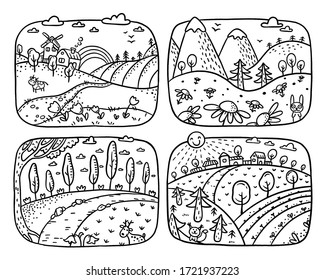 A set of four black and white cartoon landscapes which can be used as coloring pages, vector illustration