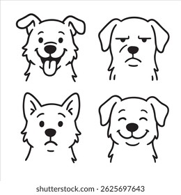 A set of four black and white cartoon-style dog face illustrations, each showing a different facial expression