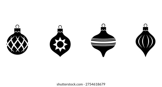 A set of four black and white Christmas ornaments with different patterns on a white background