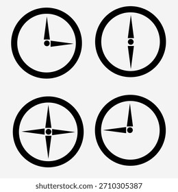Un conjunto de cuatro iconos circulares en blanco y negro que muestran dos relojes que muestran diferentes tiempos y dos símbolos de navegación similares a una brújula