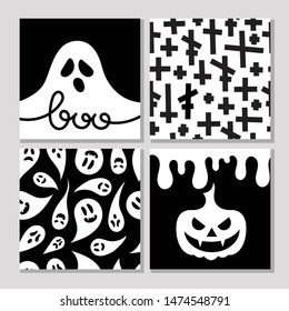 Set of four black and white colors. A Ghost with Boo on it . Seamless patterns with crosses and ghosts, pumpkin on black background. Vector