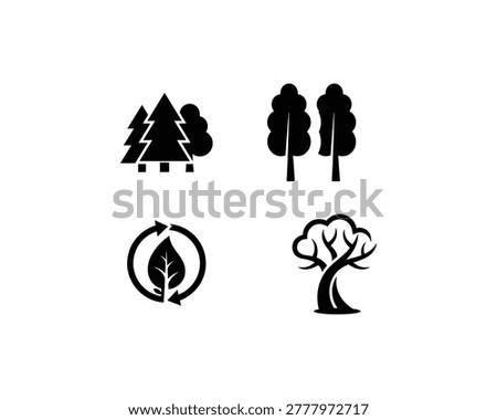 Set of four black and white depicting various tree species and a circular leaf recycling symbol isolated on a clean white background for