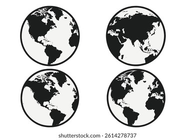 A set of four black and white earth globes is featured, showcasing full vector illustrations with flat colors, each focused on a distinct region, including America, Asia, Eurafrica, and the Atlantic