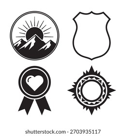 Set of Four Black and White Emblem Icons With Mountains Heart Shield and Sun Keywords: emblem, icon, badge, set, symbol, design, graphic, award