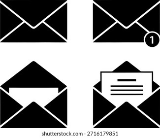 Un conjunto de cuatro iconos de sobres en blanco y negro, cada uno representando diferentes estados como cerrado, notificación, abierto y con un documento dentro.