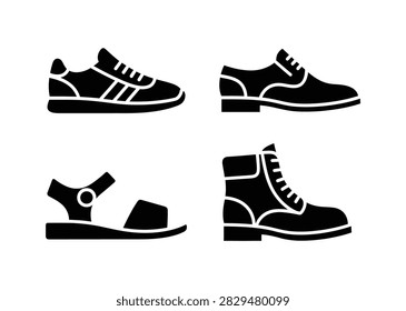 A set of four black and white glyph icons showcasing diverse types of footwear including a sneaker, dress shoe, sandal, and leather boot on a white background.