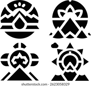 A set of four black and white graphic emblems, each featuring stylized mountains and a sunrise or sunset.