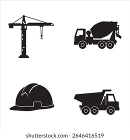 A set of four black and white graphic symbols representing construction vehicles and safety apparel.