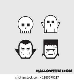 A set of four black and white Halloween icons: a skull, ghost, vampire, and Frankenstein’s monster, with the text “HALLOWEEN ICON” at the bottom.
