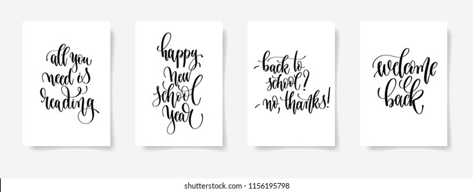 set of four black and white hand lettering concept poster for back to school holiday celebration design, calligraphy vector illustration collection