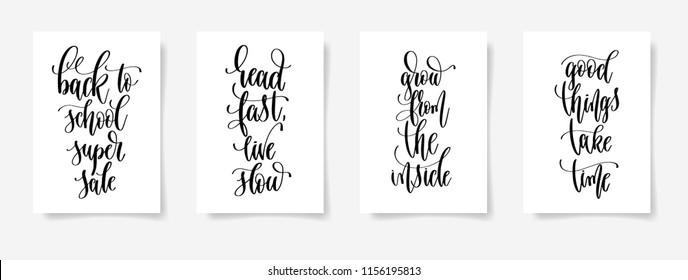 set of four black and white hand lettering concept poster for back to school holiday celebration design, calligraphy vector illustration collection
