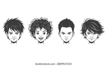 Set of four black and white hand drawn sketches displaying various modern hairstyles for young boys and teenagers.