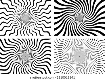 Set of four black and white hypnotic spiral wave rays backgrounds. Psychedelic sunburst retro designs