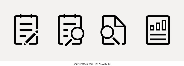 Set of four black and white icons: clipboard with pencil, clipboard with magnifying glass, document with magnifying glass, and report with bar chart. User interface icons, UI icon vector set.