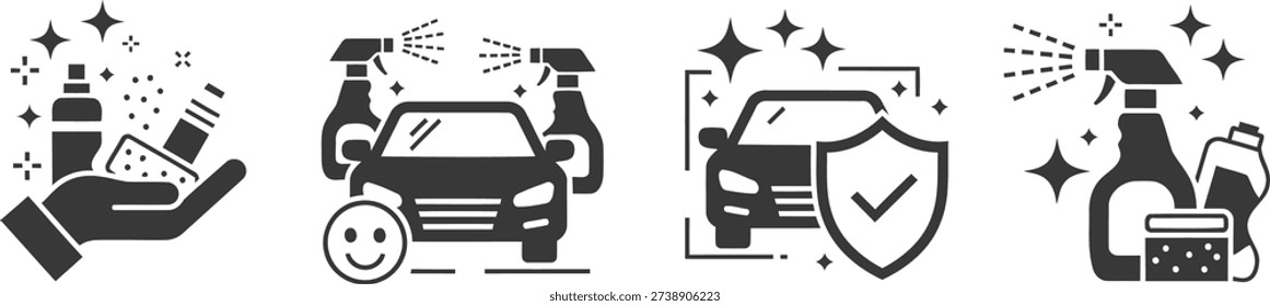 A set of four black and white icons depicting car wash and protection services, including a hand holding a sponge, a car being washed, a shield on a car, and a spray bottle.