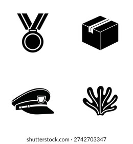 A set of four black and white icons including a medal, a box, a hat, and a plant on a plain background silhouette