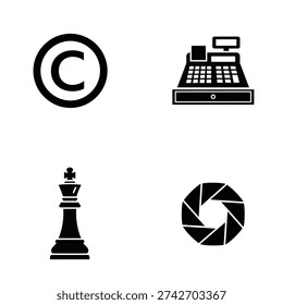 A set of four black and white icons including a copyright symbol, a cash register, a chess piece, and a camera shutter on a plain white background silhouette