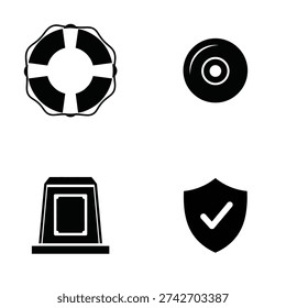 A set of four black and white icons including a life preserver, a CD, a computer monitor, and a shield with a checkmark silhouette