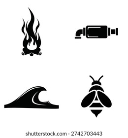 A set of four black and white icons featuring a flame, spray bottle, wave, and bee silhouette