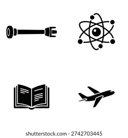 A set of four black and white icons including a plug, atom, book, and airplane in silhouette mode