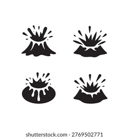 A set of four black and white icons featuring stylized erupting volcanoes with explosive splashes of lava or water, perfect for geological themes.