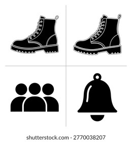 A set of four black and white icons including work boots, people, and a bell silhouette