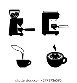 A set of four black and white icons illustrating the process of making coffee, from grinding beans to serving a latte with art.