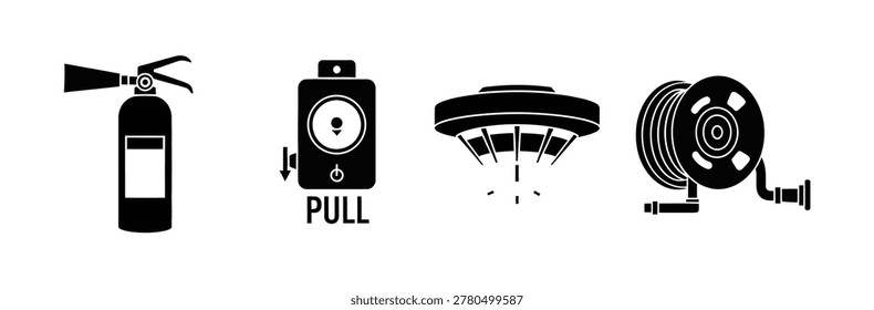 A set of four black and white icons depicting a fire extinguisher, a pull station, a smoke detector, and a fire hose reel.
