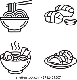 A set of four black and white icons featuring various food items including noodles in a bowl with chopsticks, a plate of bread rolls, a steaming bowl of noodles, and a plate of tacos.