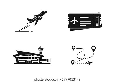 A set of four black and white icons depicting elements of air travel, including a flying airplane, a plane ticket, an airport terminal, and a flight route map.   