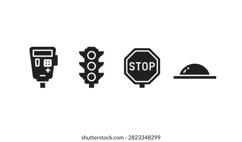 Set of four black and white icons representing traffic safety signs and signals including a speedometer, traffic light, stop sign, and road bump.