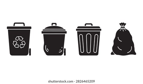 Set of four black and white icons representing recycling, trash, waste disposal, and garbage bag for environmental conservation and waste management concepts.