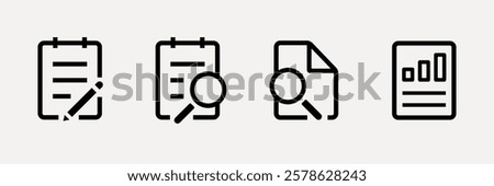 Set of four black and white icons: clipboard with pencil, clipboard with magnifying glass, document with magnifying glass, and report with bar chart. User interface icons, UI icon vector set.