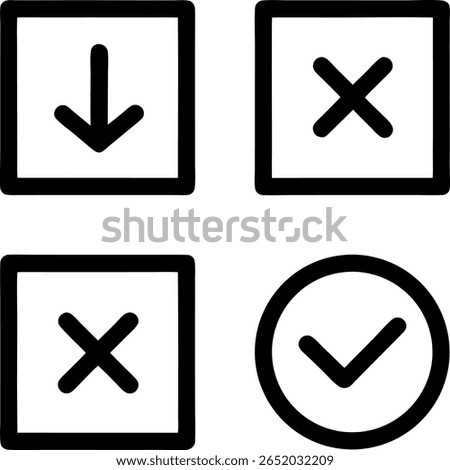 A set of four black and white icons, including a down arrow in a square, two x marks in squares, and a check mark inside a circle. Symbolic and simple design.