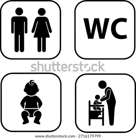 A set of four black and white icons depicting restroom signs, including symbols for men and women, WC, baby, and baby changing station.