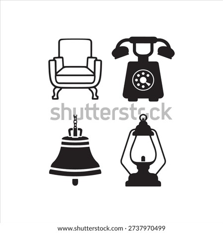 A set of four black and white icons featuring vintage objects an armchair rotary telephone bell and lantern
