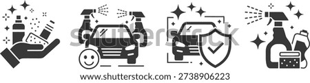 A set of four black and white icons depicting car wash and protection services, including a hand holding a sponge, a car being washed, a shield on a car, and a spray bottle.